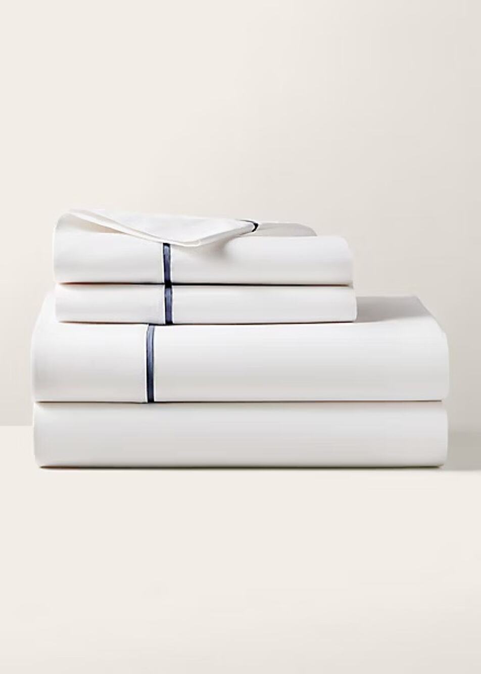 New Ralph Lauren Organic Cotton Percale Palmer Queen Flat Sheet White/Polo Navy